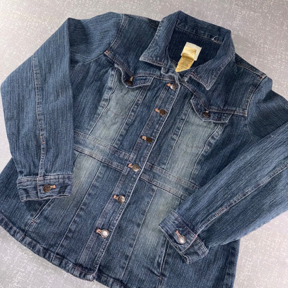 Berne Womens Blue Denim Trucker Jacket XL Medium Wash Stretch Button Up Workwear